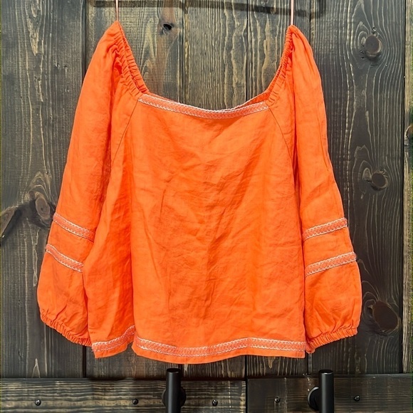 Joie Linen Embroidered Top XL Orange Square Neck Balloon Metallic Boho Peasant - Picture 1 of 7